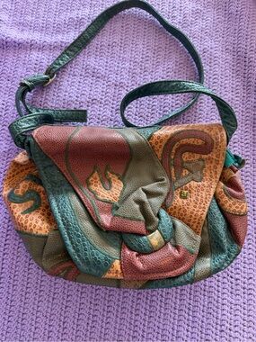 Vintage NAS Bag Korea Abstract Art Shoulder Purse Teal Burgundy 80s 90s Retro